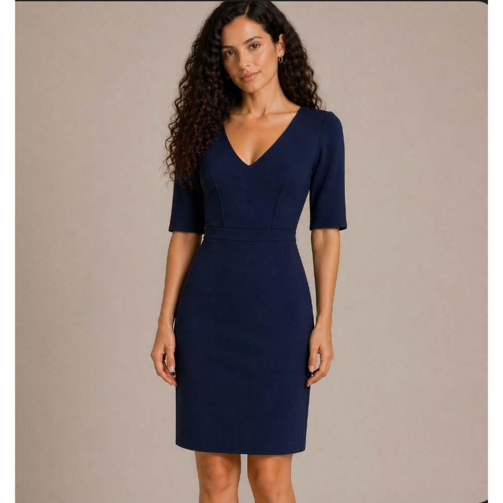 Milly Sheath Dress‎ Medium Navy Blue V-Neck Short Sleeve Exposed Zipper Office